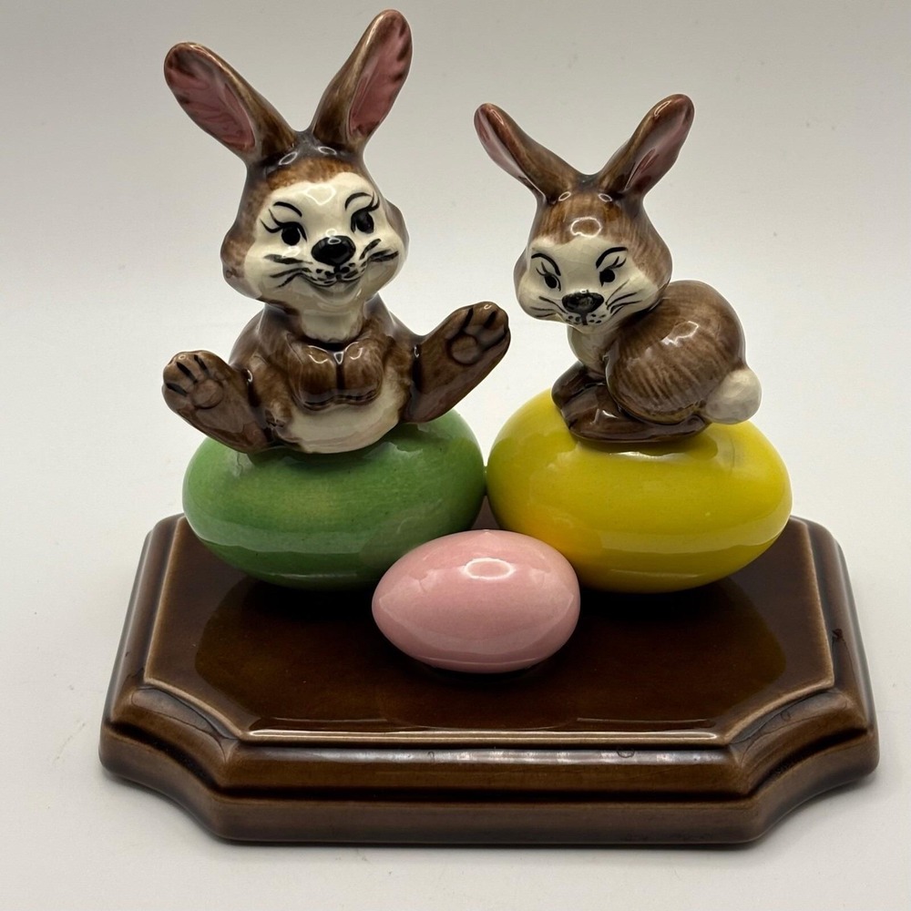 Ceramic Easter Bunnies on‎ Eggs Figurine Spring Holiday Decor Cute
